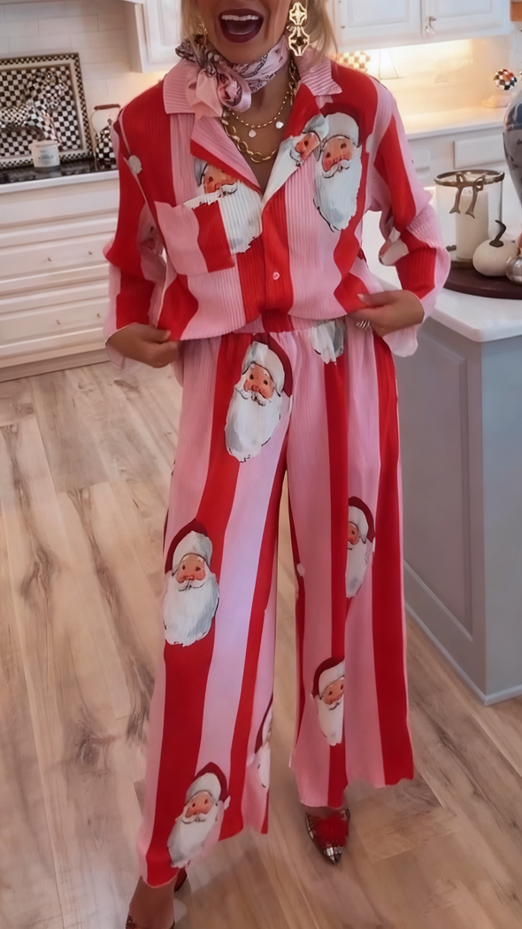 Women Lapel Christmas Element Printed Casual Suit