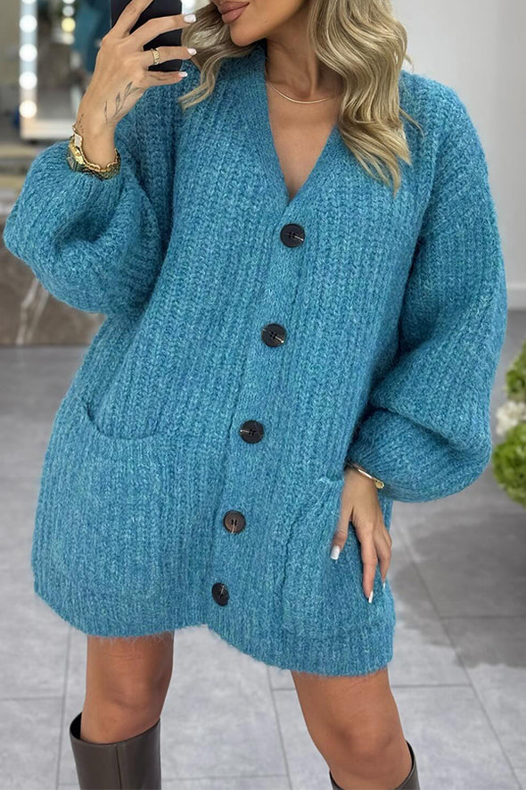 Women Casual Oversized Lantern Sleeve Large Pocket Sweater Cardigan