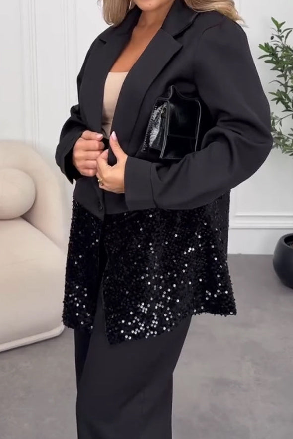 Women Elegant Sequined Suit + Wide-Leg Pants Suit