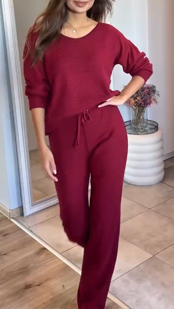 Women Round Neck Solid Color Casual Suit