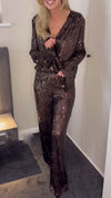 Women Lapel Sequin Solid Color Casual Suit