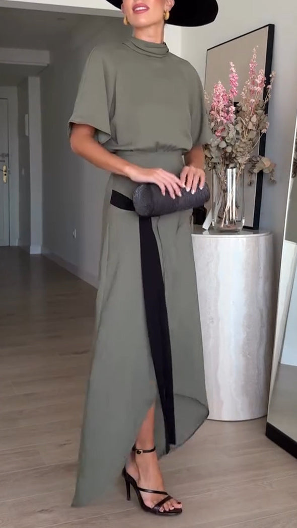 Women Round Neck Splicing Irregular Elegant Casual Dress