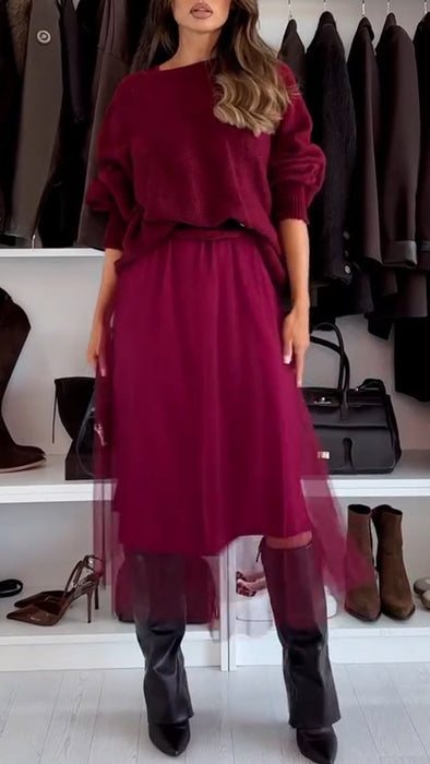 Ladies Inner Splicing Mesh Dress+Sweater Casual Set