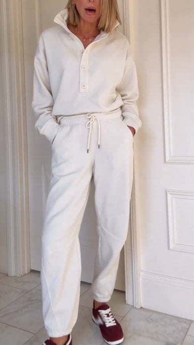 Women Stand Collar Button-Down Top + Drawstring Pants Casual Set