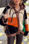 Women Casual Irregular Color Block Hooded Plush Jacket