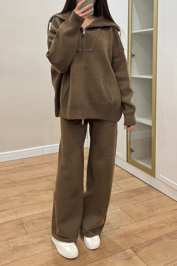 Women Collared Zipper Jacket + Pants Casual Set