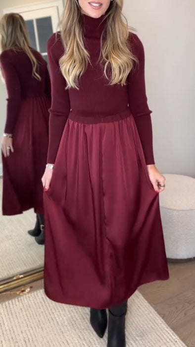 Ladies High Neck Knitted Patchwork Elegant Casual Dress