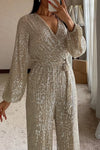 Ladies V-neck Sequin Sparkling Elegant Temperament Dinner Party Casual Jumpsuit