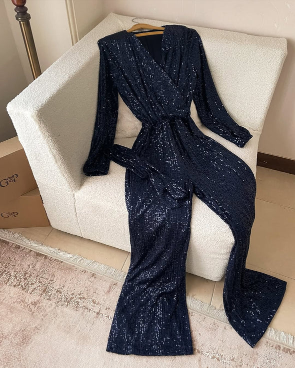 Ladies V-neck Sequin Sparkling Elegant Temperament Dinner Party Casual Jumpsuit