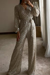 Ladies V-neck Sequin Sparkling Elegant Temperament Dinner Party Casual Jumpsuit