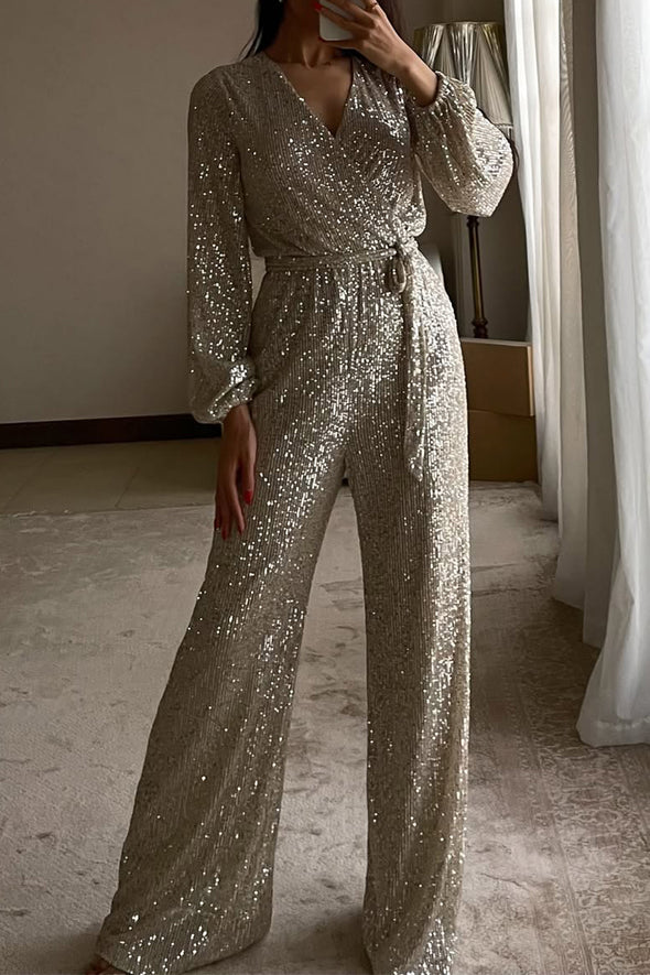 Ladies V-neck Sequin Sparkling Elegant Temperament Dinner Party Casual Jumpsuit