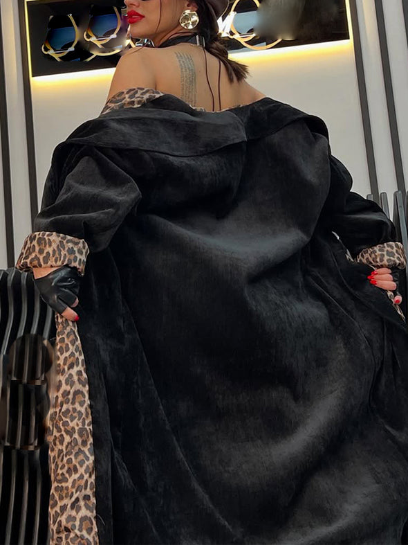 Ladies Lapel Internal Leopard Print Casual Plush Coat