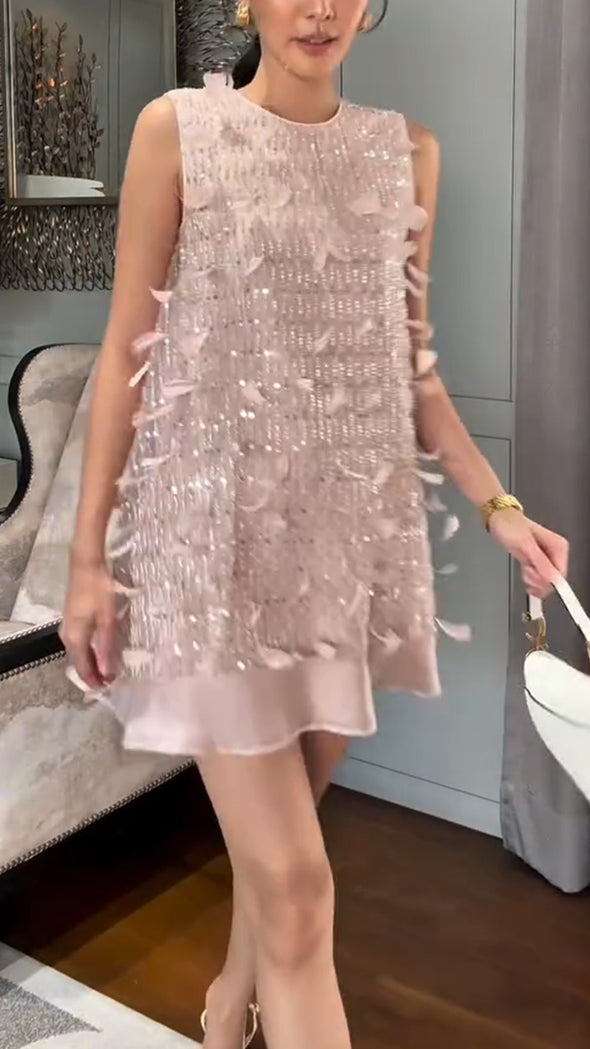 Ladies Round Neck Patchwork Feather Tassel Elegant Temperament Dress