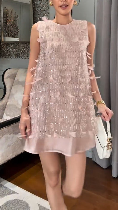 Ladies Round Neck Patchwork Feather Tassel Elegant Temperament Dress