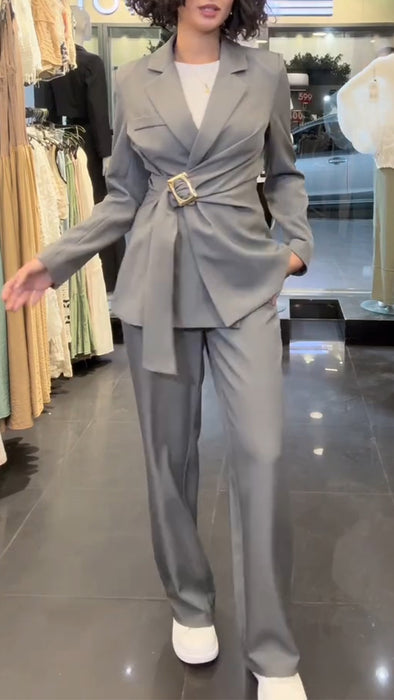 Women Collar Jacket with Metal Buckle Strap Design+ Pants Temperament Commuting Set