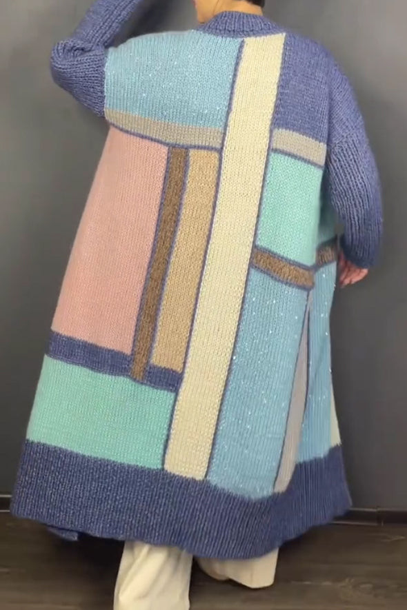 Women Casual Colorful Block Pattern Sequin Long Cardigan