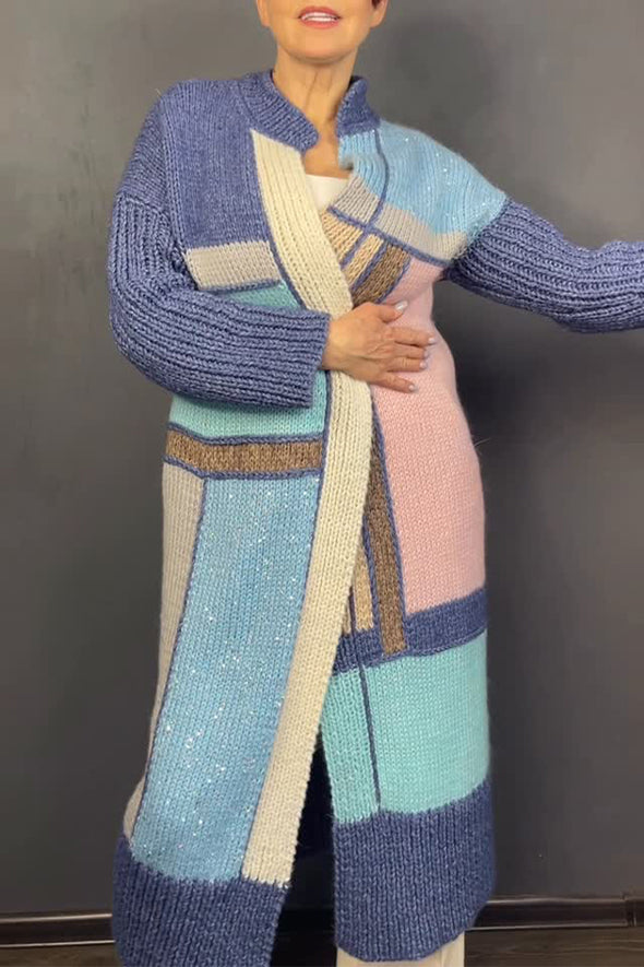 Women Casual Colorful Block Pattern Sequin Long Cardigan