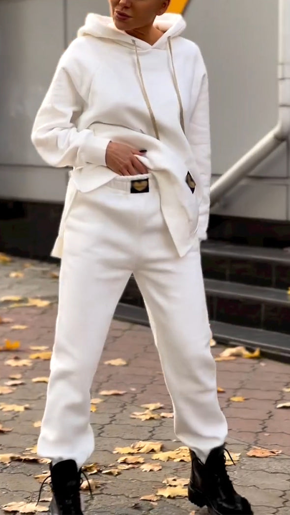 Women Crew Neck Drawstring Sweatshirt + Pants Casual Set