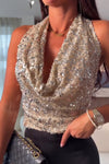 Women Party Sequined Halter Neck Backless Top