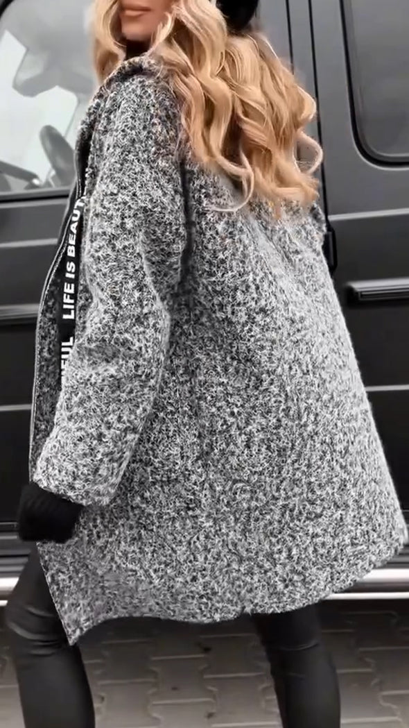 Women Hooded Drawstring Plush Casual Jacket