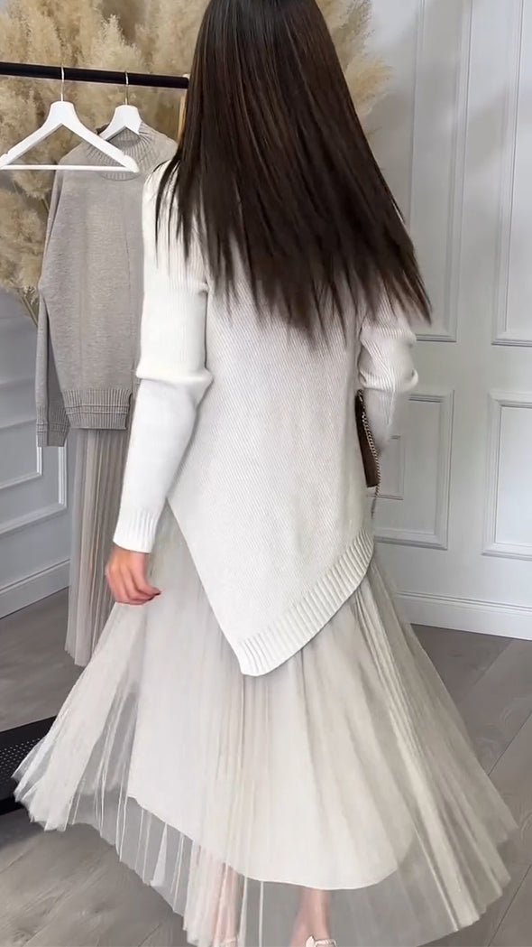 Ladies Inner Mesh Pleated Dress+ Irregular Knitted Sweater Casual Set