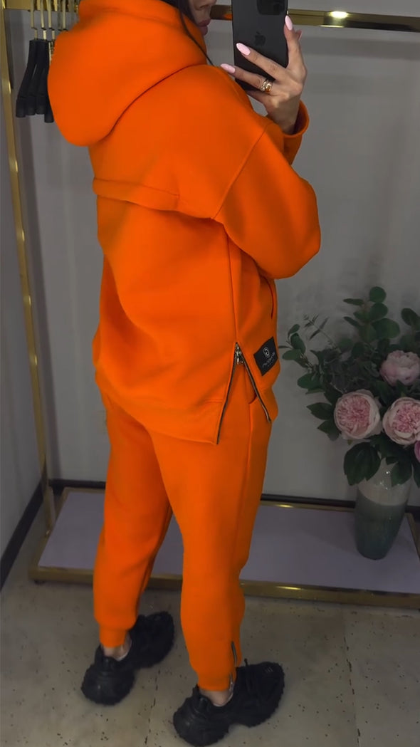 Women Round Neck Hooded Sweatshirt with Drawstring and Side Zipper + Casual Pants Set