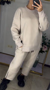 Women Round Neck Side Zipper Sweatshirt + Pants Casual Set