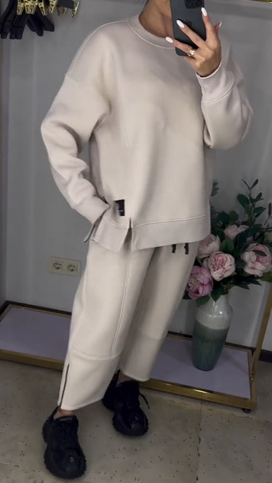 Women Round Neck Side Zipper Sweatshirt + Pants Casual Set