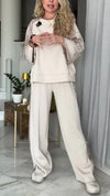 Ladies Round Neck Patchwork Sleeve Sequined Top+ Pants Casual Set
