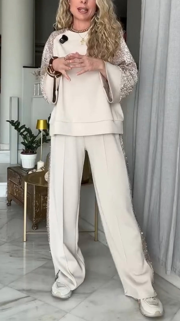 Ladies Round Neck Patchwork Sleeve Sequined Top+ Pants Casual Set