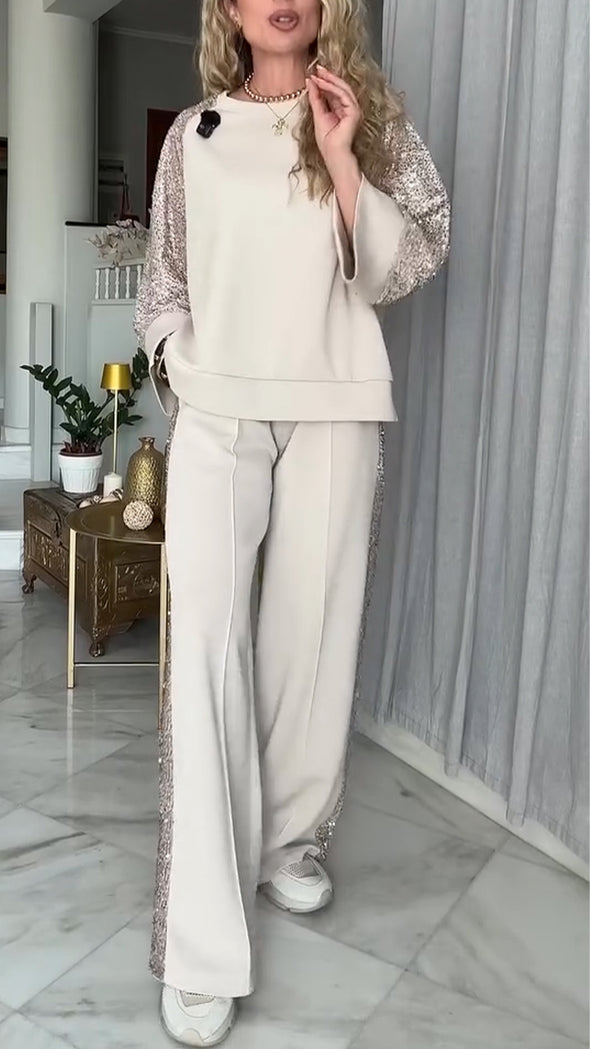 Ladies Round Neck Patchwork Sleeve Sequined Top+ Pants Casual Set