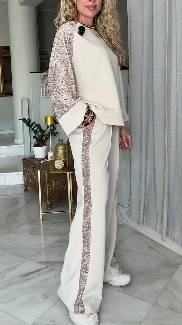 Ladies Round Neck Patchwork Sleeve Sequined Top+ Pants Casual Set