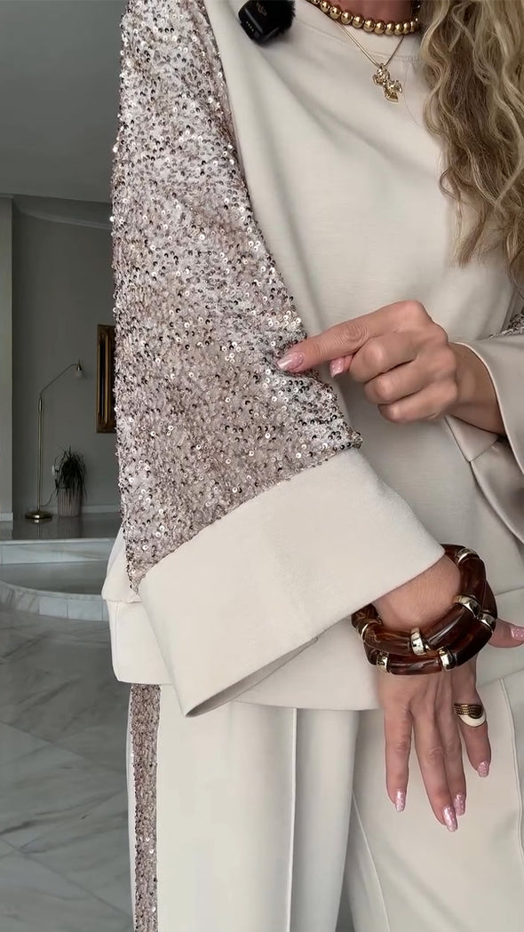 Ladies Round Neck Patchwork Sleeve Sequined Top+ Pants Casual Set