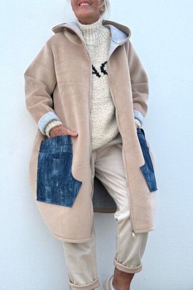Ladies Hooded Patchwork Contrasting Color Pocket Casual Coat
