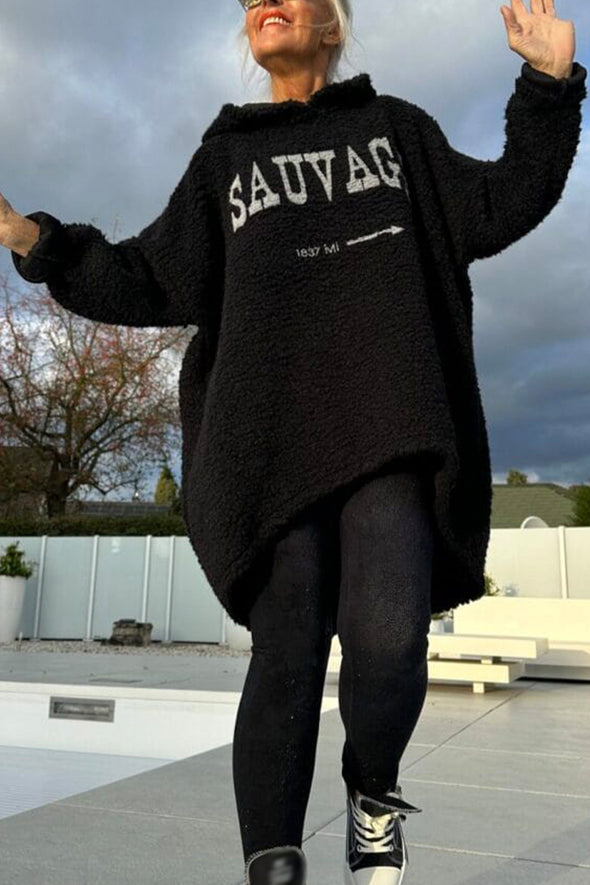 Women Round Neck Hooded Printed Letter Casual Wool Top