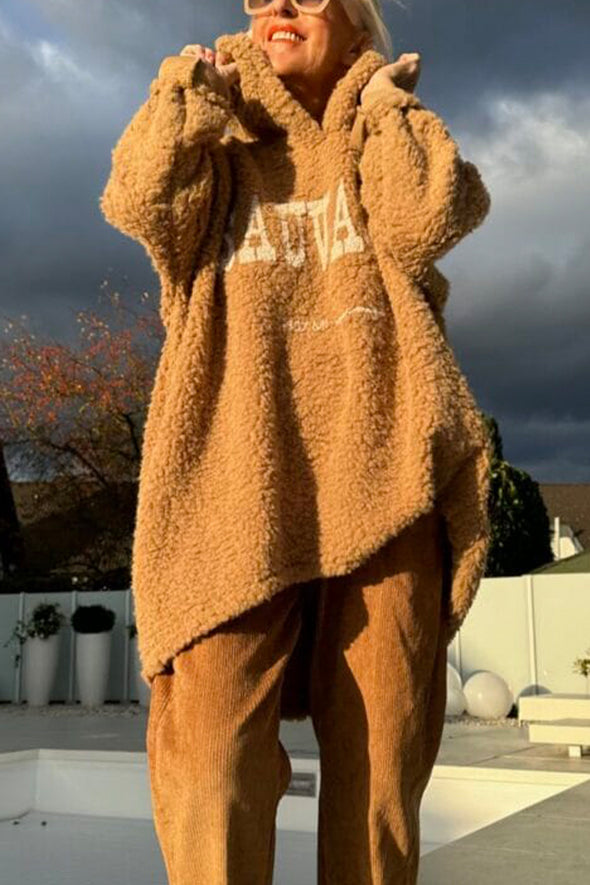 Women Round Neck Hooded Printed Letter Casual Wool Top