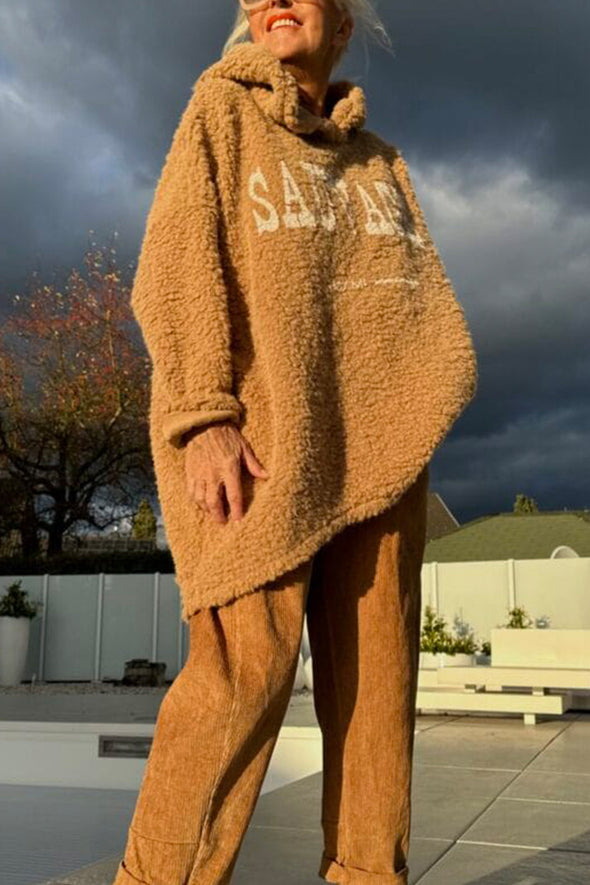 Women Round Neck Hooded Printed Letter Casual Wool Top