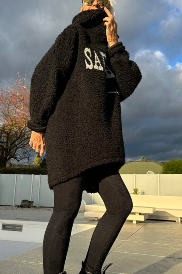 Women Round Neck Hooded Printed Letter Casual Wool Top