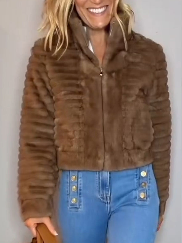 Women Stand Collar Zipper Short Casual Plush Coat