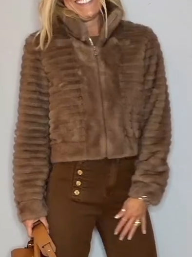 Women Stand Collar Zipper Short Casual Plush Coat