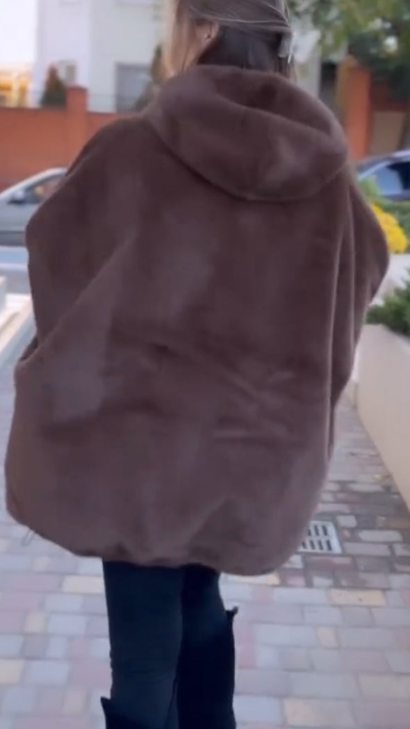 Women Hooded Patchwork Knit Printed Sleeve Casual Plush Coat