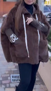 Women Hooded Patchwork Knit Printed Sleeve Casual Plush Coat