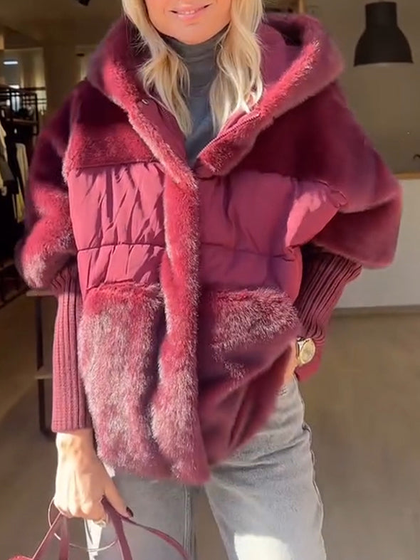 Ladies Hooded Spliced Knitted Sleeves Casual Plush Coat