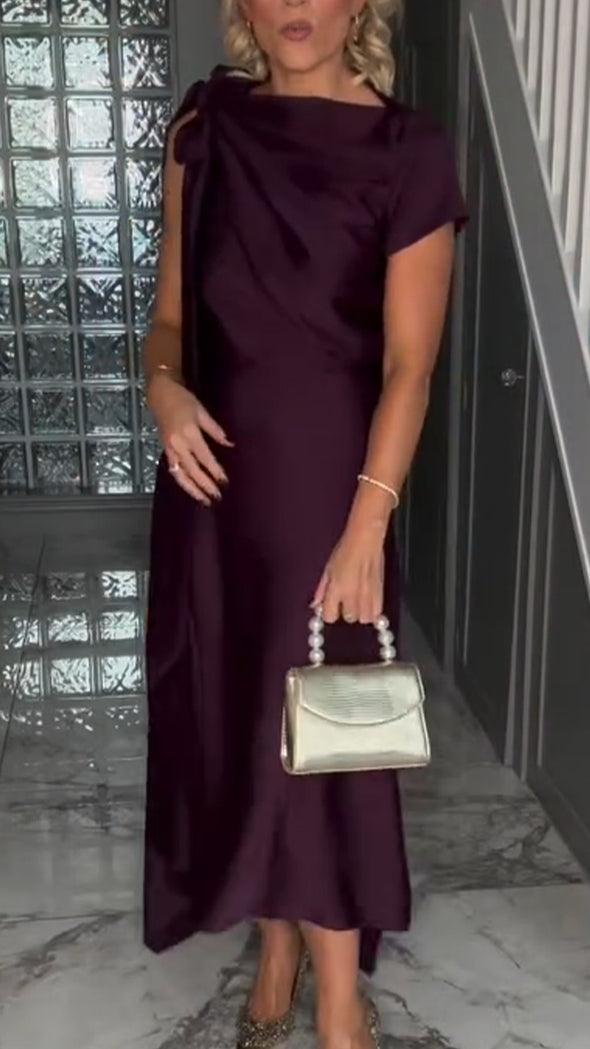 Ladies Round Neck Shoulder Strap Solid Color Elegant Temperament Dinner Party Dress