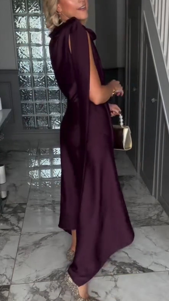 Ladies Round Neck Shoulder Strap Solid Color Elegant Temperament Dinner Party Dress