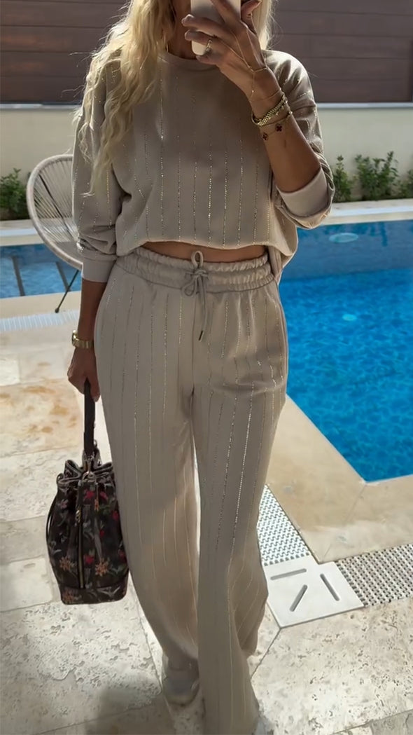 Ladies Round Neck Vertical Stripe Top+ Drawstring Pants Casual Set