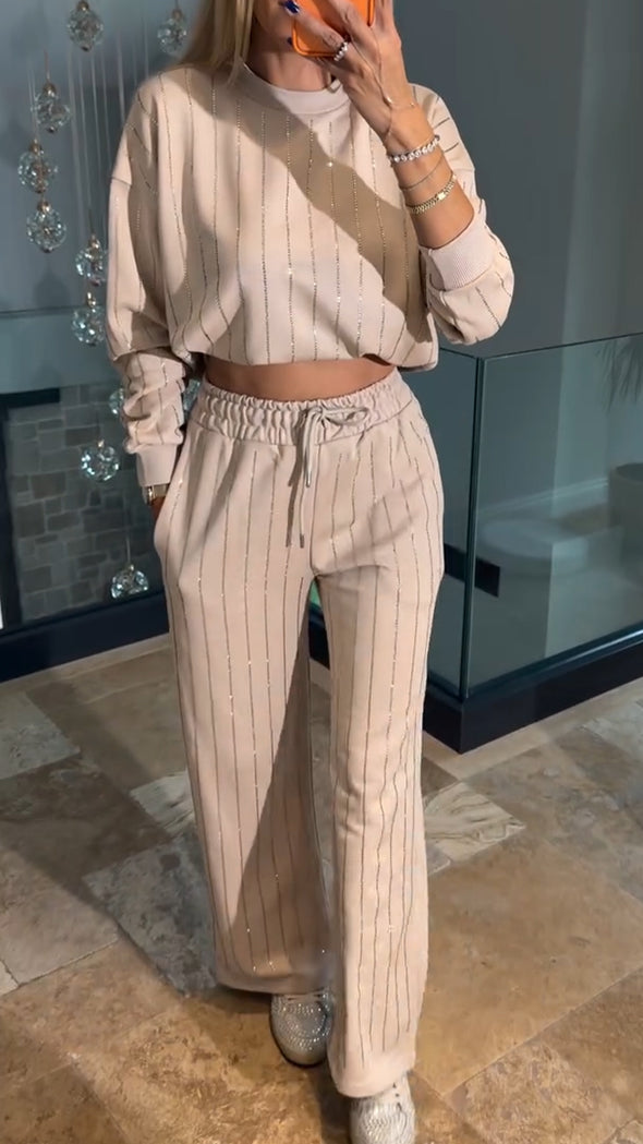 Ladies Round Neck Vertical Stripe Top+ Drawstring Pants Casual Set