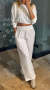 Ladies Round Neck Vertical Stripe Top+ Drawstring Pants Casual Set