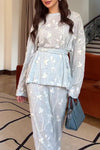 Women Elegant Embroidered Textured Round Neck Tie-Waist Top + Skirt Suit
