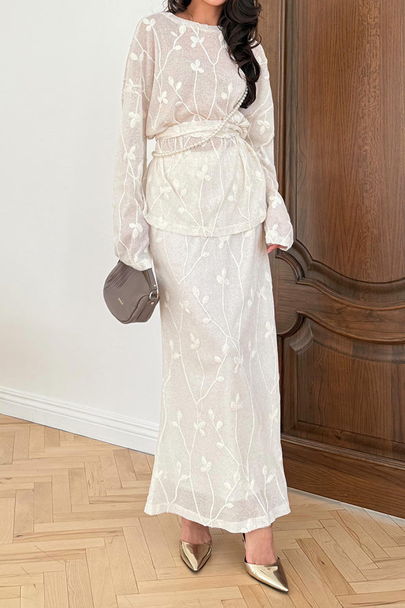 Women Elegant Embroidered Textured Round Neck Tie-Waist Top + Skirt Suit